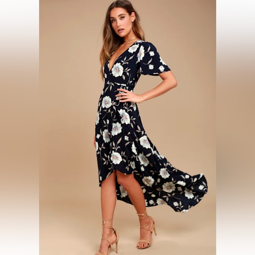 Lulus Lake Como Navy Blue Floral Print High-Low Wrap Dress Size XS
